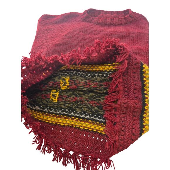 Hand Knit 80s/90s Boho Wool Sweater OverSz Uni M-XL Tribal Fringe Hem Brick Red - Picture 7 of 8